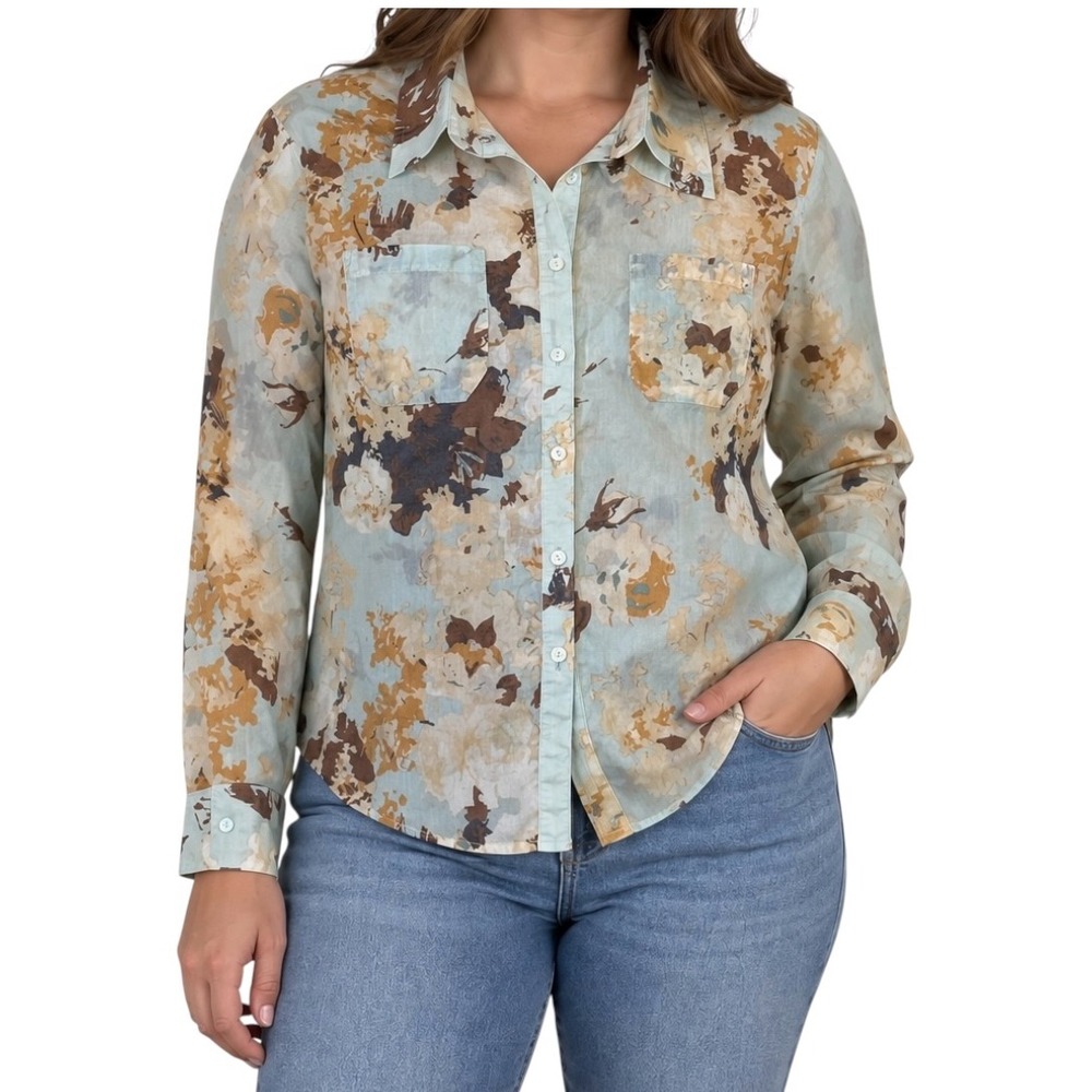 Talbots Petites Blue Brown Floral Watercolor Button Down Shirt 10P Pocket Top